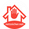 Rundes netzsicher.net Logo mit stilisiertem Globus, Hausdach und erhobener Hand als Stoppsymbol